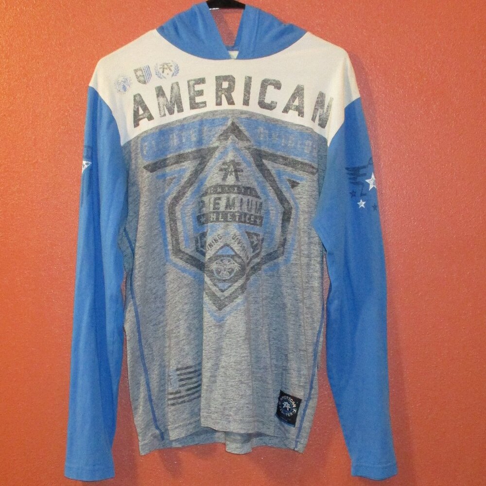 American Fighter Shirt Men Medium Blue Gray Black Fitness Gym Hooded Shirt